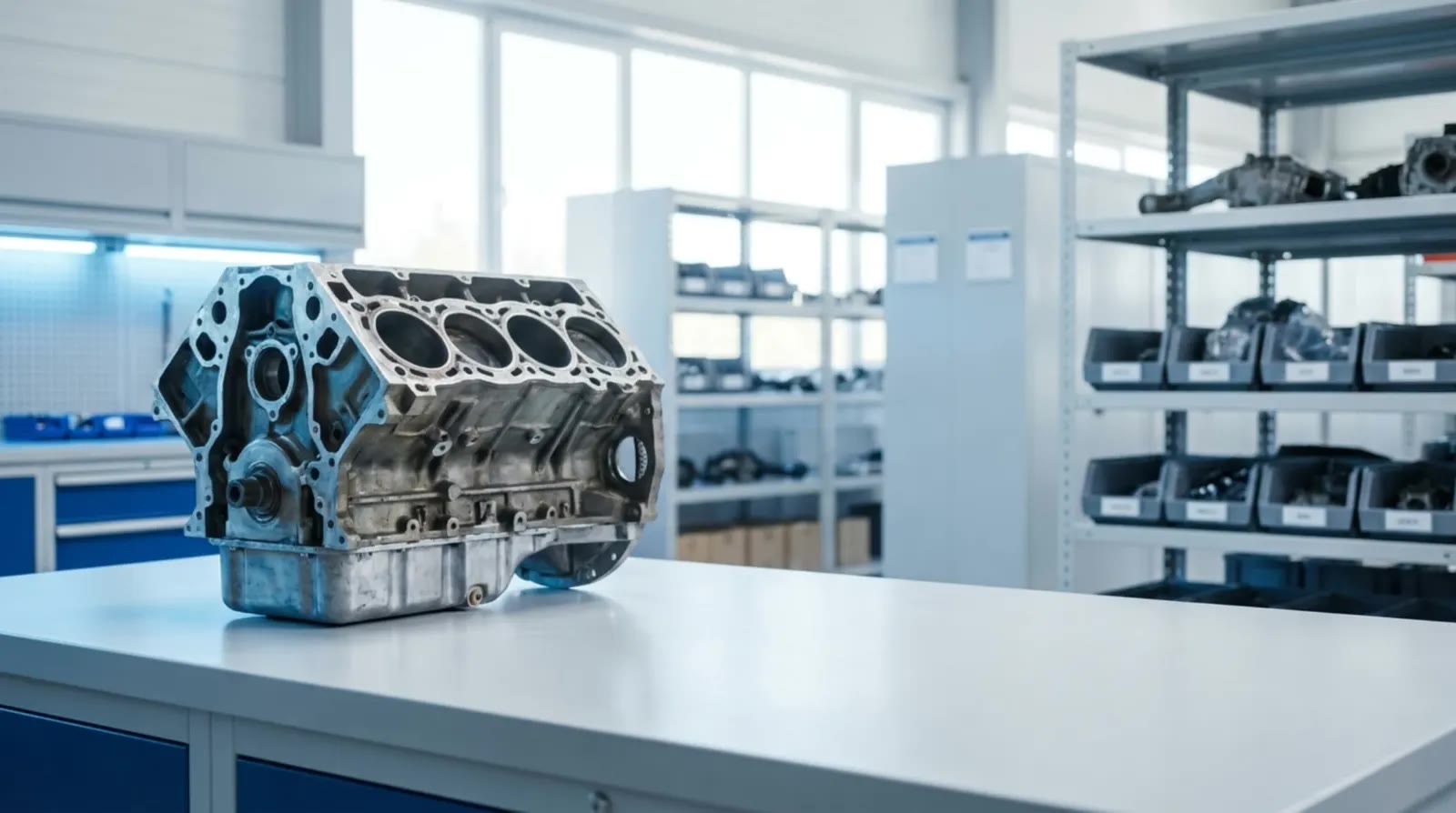 Motor V8 numa bancada de oficina